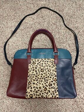 Soruka leather Colorblock Satchel with Leopard Panel - Burgundy/Teal/Navy